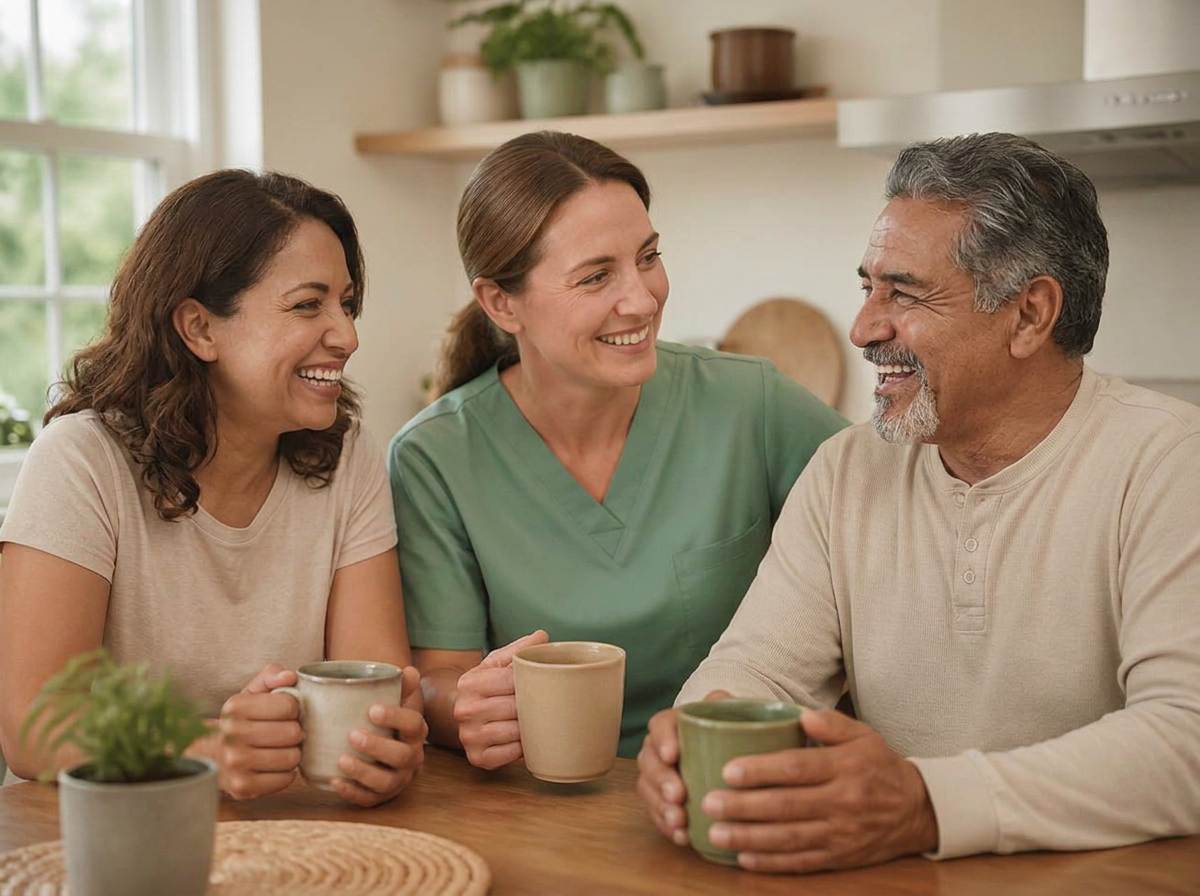 A family and their caregiver sharing coffee and laughter at a kitchen table