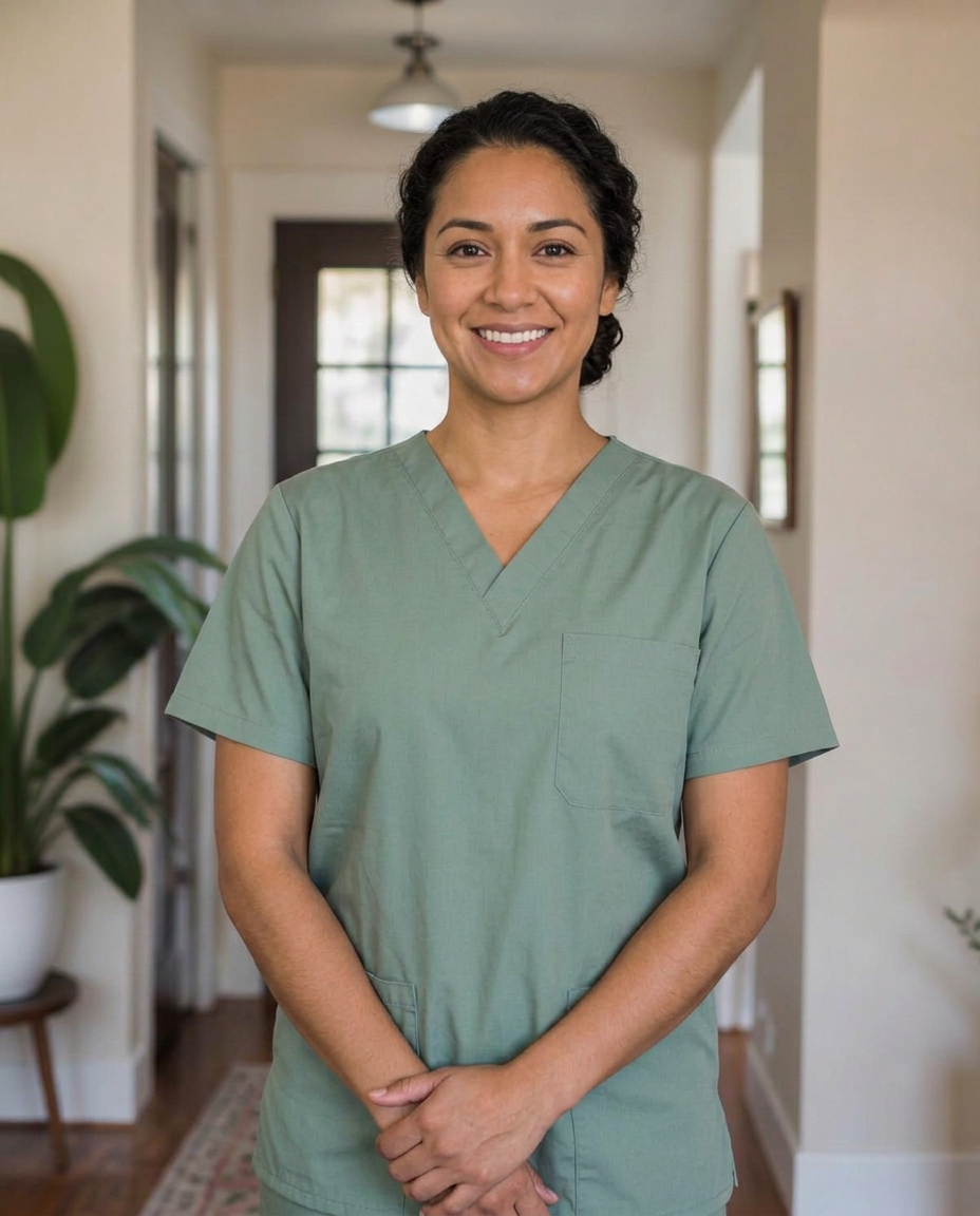 A smiling caregiver in sage scrubs standing in a bright home hallway