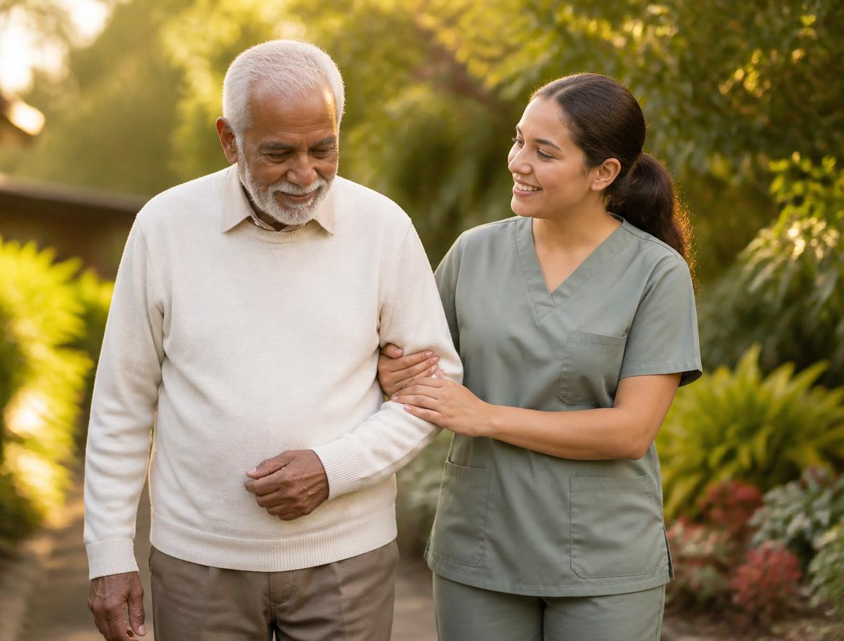 A caregiver walking arm in arm with a senior man through a garden